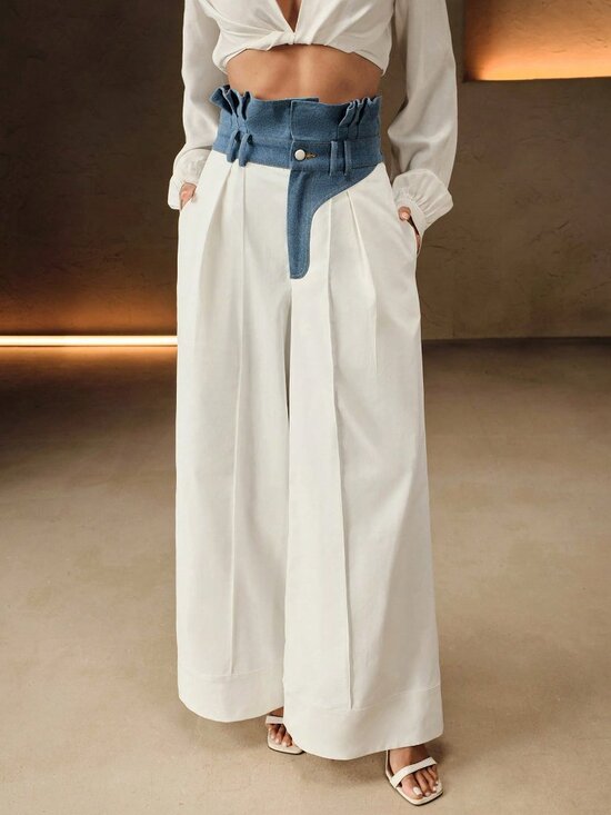 Denim - White Casual Women's High Waist Ruffled Hem & Patchwork Wear Jeans